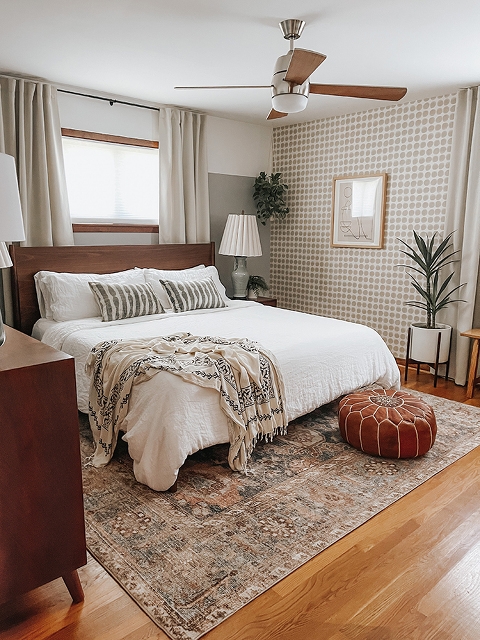 Earthy Boho Bedroom Makeover with Patterned Wallpaper Accent Wall