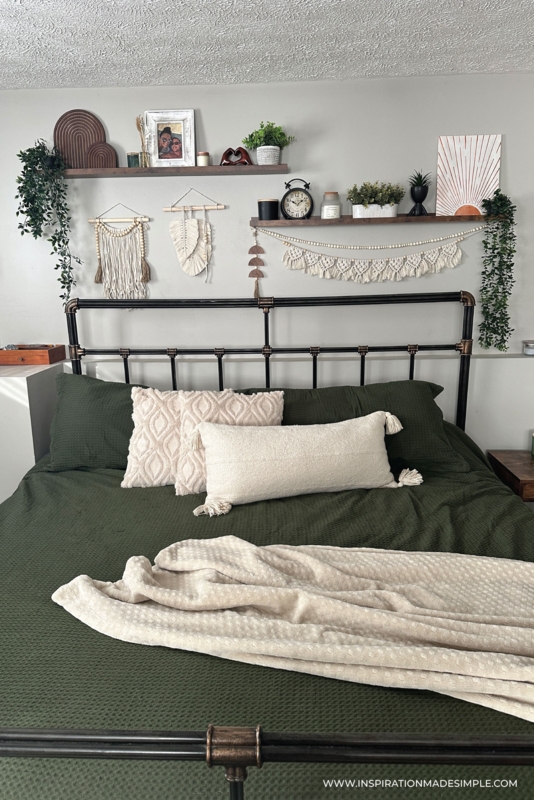 Earthy Boho Bedroom Wall Decor with Macrame and Floating Shelves