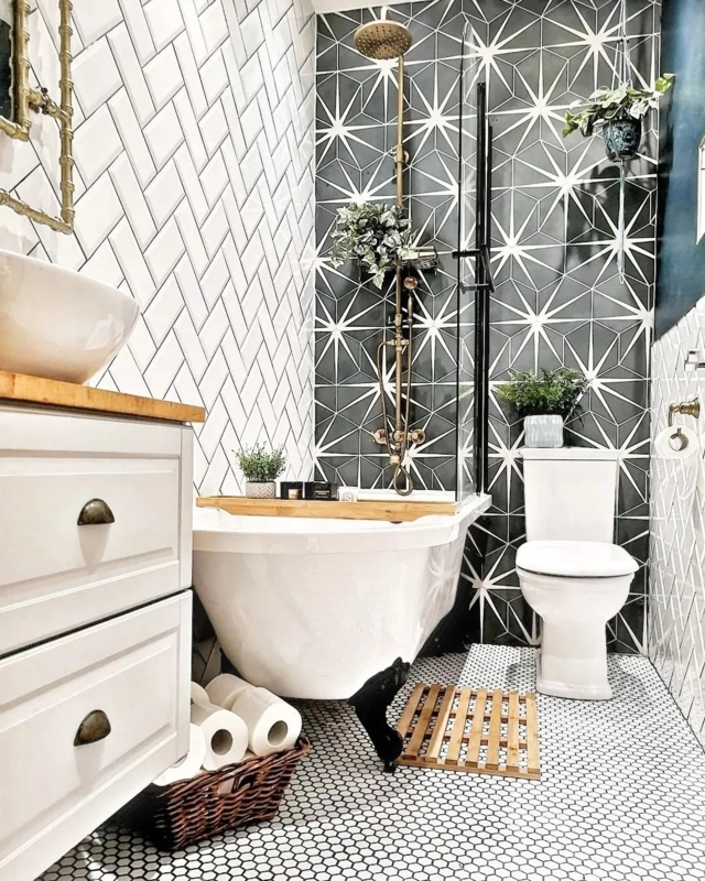 Eclectic Bathroom: Mixed Geometric Starburst & Herringbone Tiles