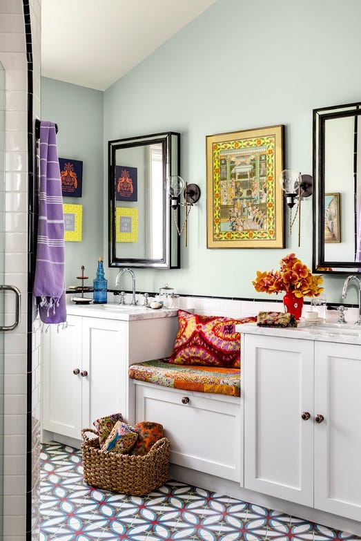 Eclectic Bathroom with Built-in Vanity Bench and Geometric Floor Tiles
