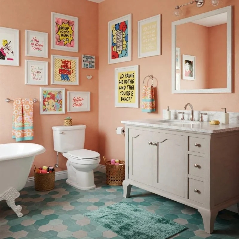 Eclectic Bathroom with pop art gallery wall and teal hexagon tile.