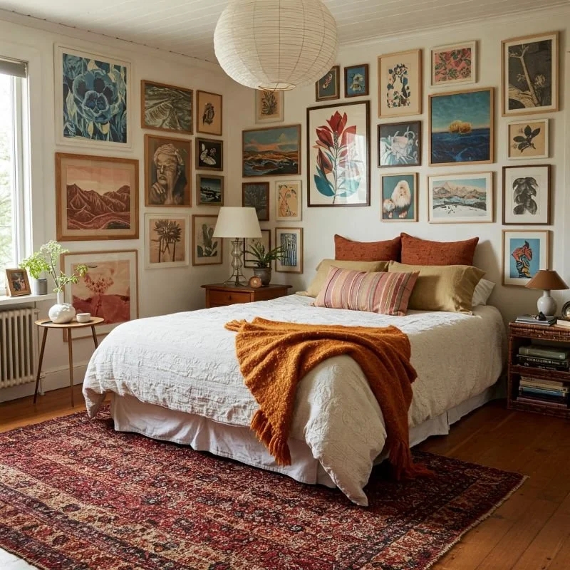 Eclectic Bedroom with Dense Gallery Wall, Oversized Paper Lantern