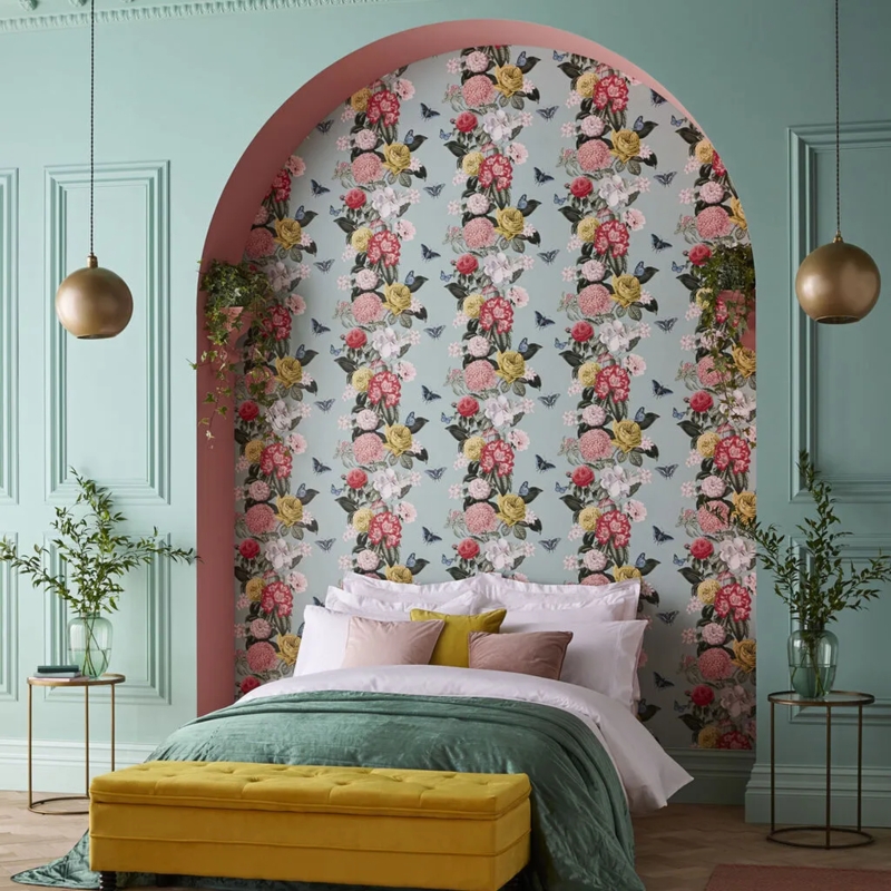 Eclectic Bedroom with Floral Arched Alcove and Sage Green Wall Paneling