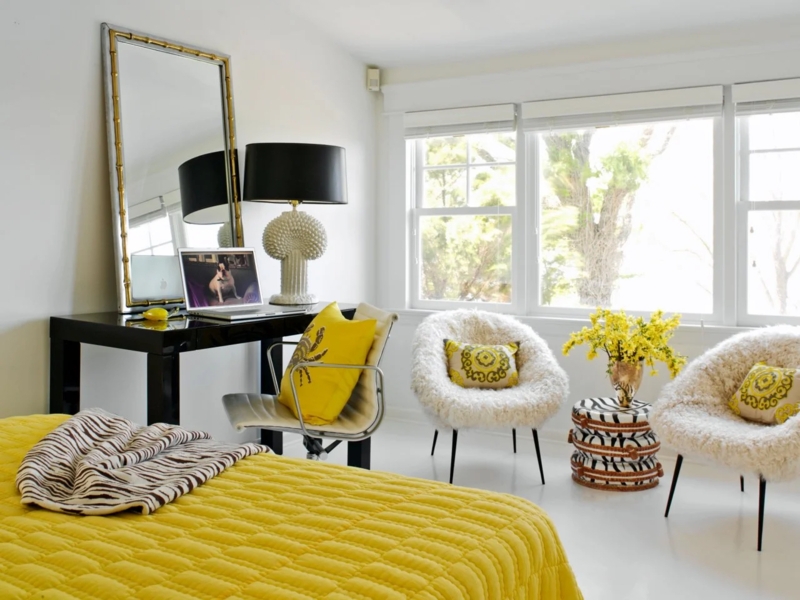 Eclectic Bedroom with Yellow, Black, and White Palette and Zebra Accents