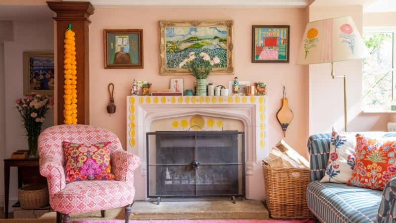 Eclectic Bohemian Living Room With Peach Walls And Fireplace