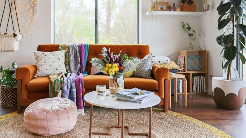 Eclectic Boho Living Room With Burnt Orange Velvet Sofa