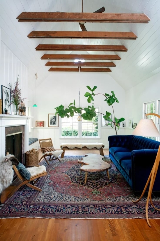 Eclectic Boho Sofa with Live Edge Coffee Table and Tufted Back