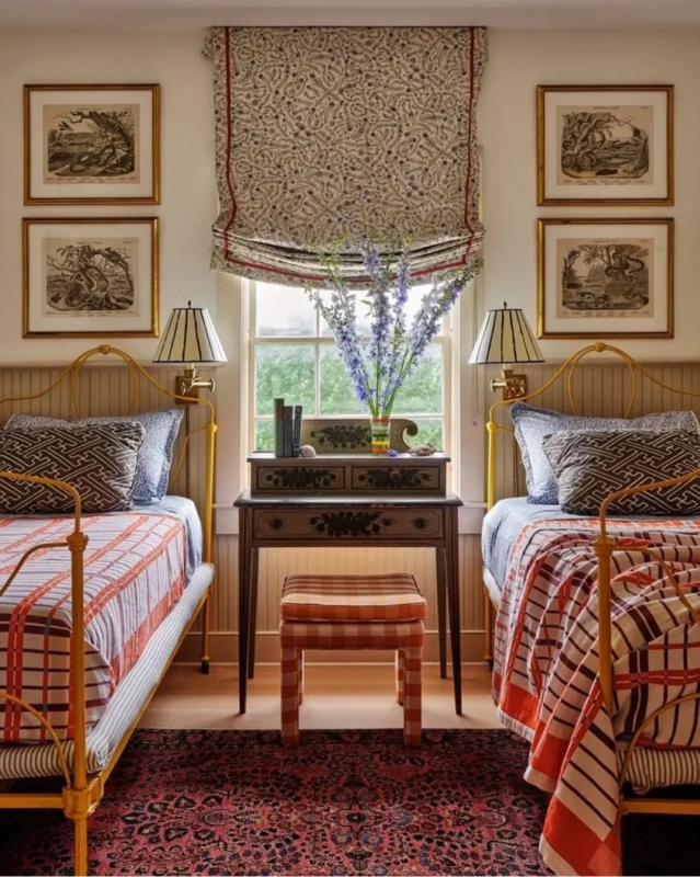 Eclectic Cottage Bedroom with Yellow Metal Beds and Pattern Mixing