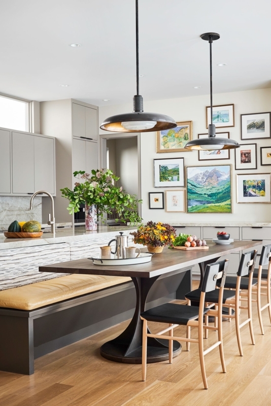Eclectic Dining Area: Mustard Banquette Seating & Mixed Gallery Wall