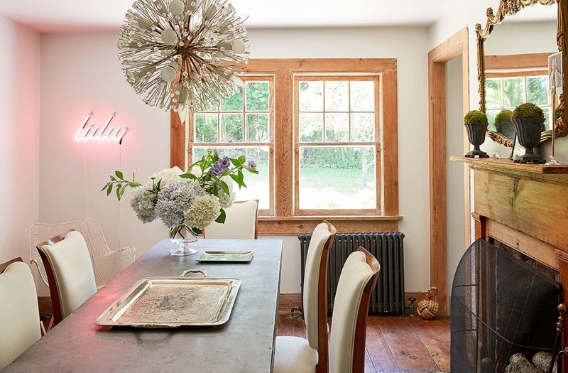 Eclectic Dining: Sputnik Chandelier, Metal Top Table & Pink Neon Sign