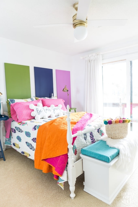 Eclectic Four Poster Bed with Color Blocked Wall Panel Headboard