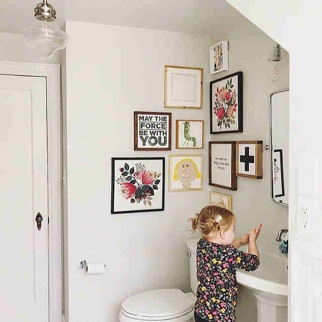 Eclectic Gallery Wall: Mixed Media Art, Small Bathroom Layout, Personal Art