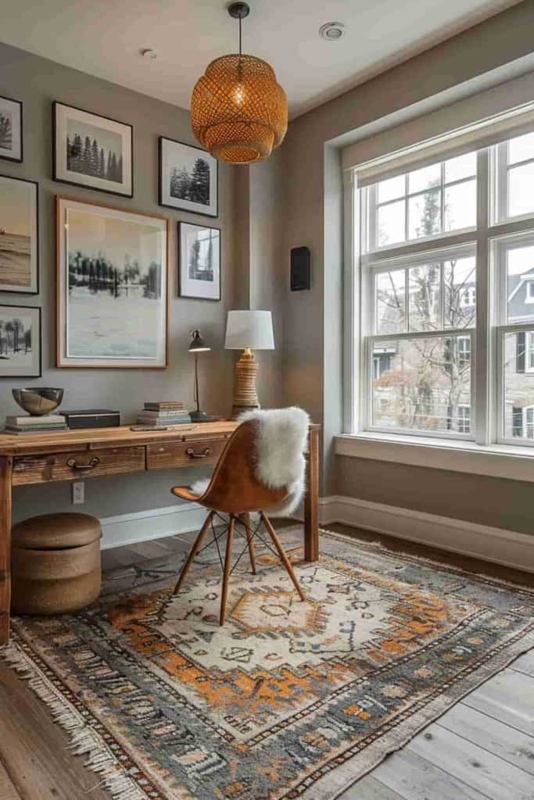 Eclectic Home Office with Rattan Pendant, Gallery Wall and Geometric Rug