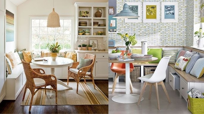 Eclectic Kitchen Nook with Geometric Wallpaper Accent