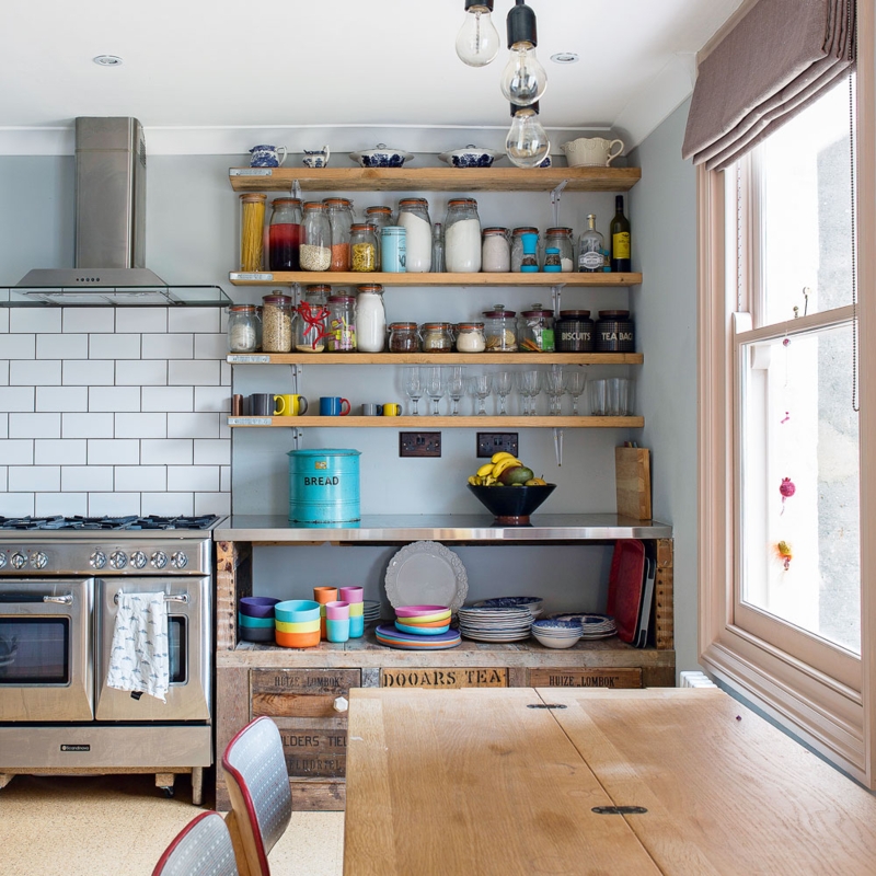 Eclectic Kitchen: Repurposed Crate Storage, Wooden Floating Shelves