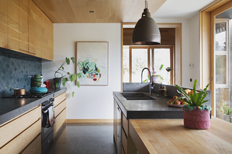 Eclectic Kitchen with Wood Ceiling and Teal Scalloped Tile Backsplash