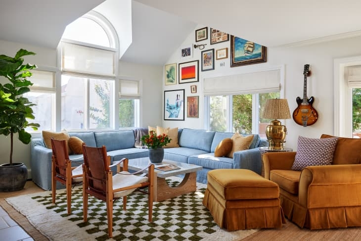 Eclectic Living Room: Mustard Velvet Armchair and Gallery Wall