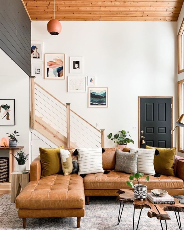 Eclectic Living Room With Cognac Leather Sectional