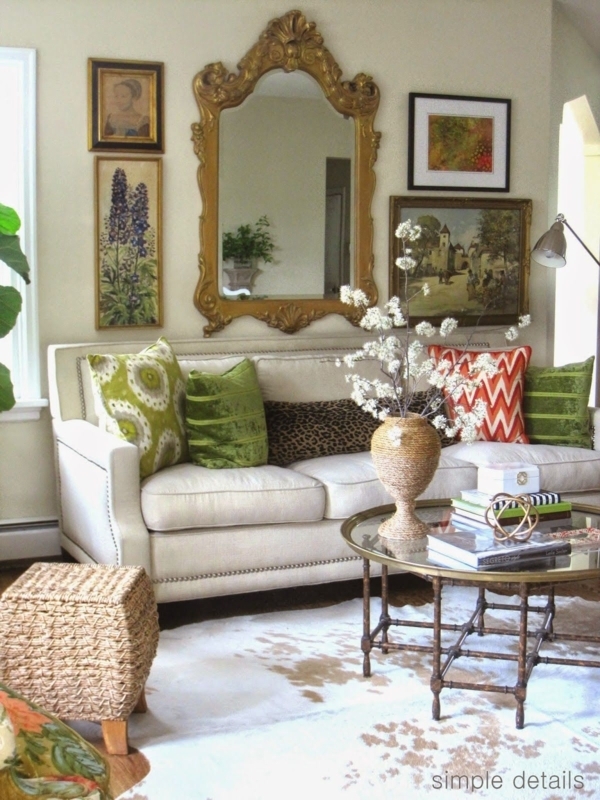 Eclectic Living Room with Ornate Gold Mirror & Mixed Pattern Pillows