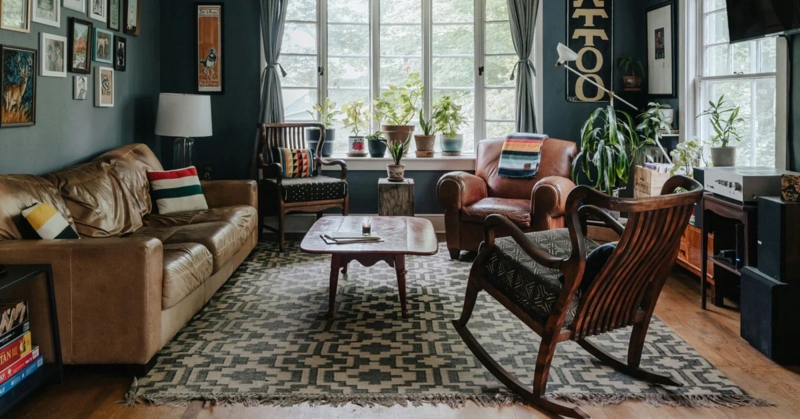 Eclectic Living Room with Teal Walls & Plant-Filled Sill