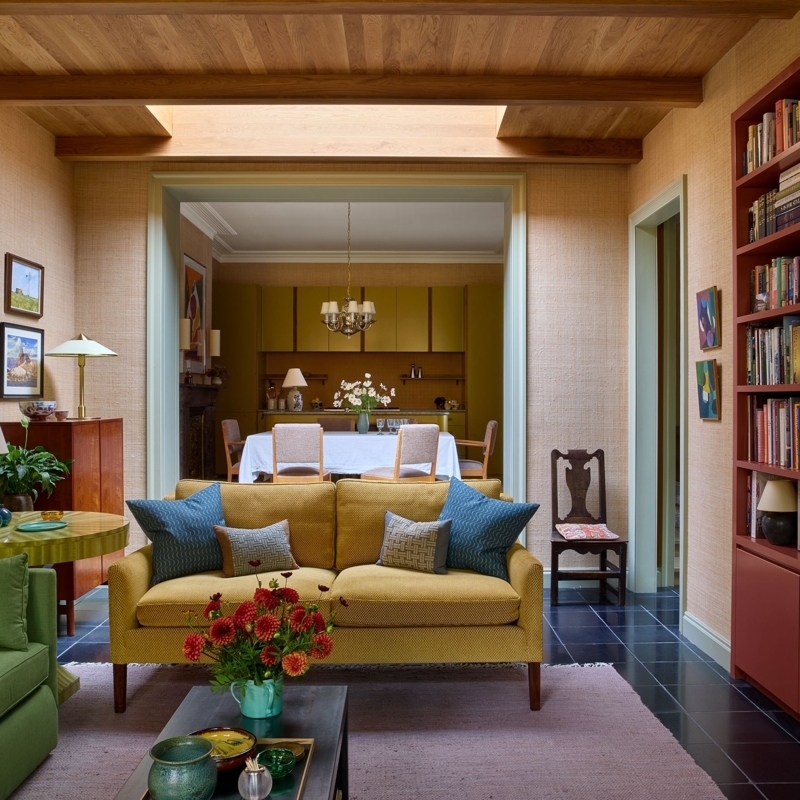 Eclectic Living Room with Wood Beamed Ceiling and Mustard Yellow Sofa