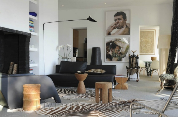 Eclectic Lounge with Zebra Hide Rug and Large Scale Portrait Wall Art