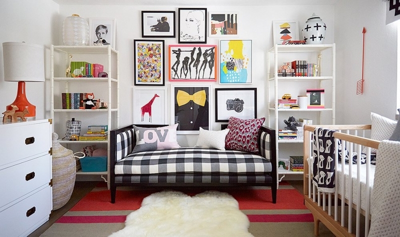 Eclectic Nursery with Buffalo Check Daybed and Gallery Wall Arrangement
