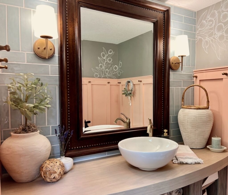 Eclectic Powder Room Styling with Hand Drawn Botanical Mural