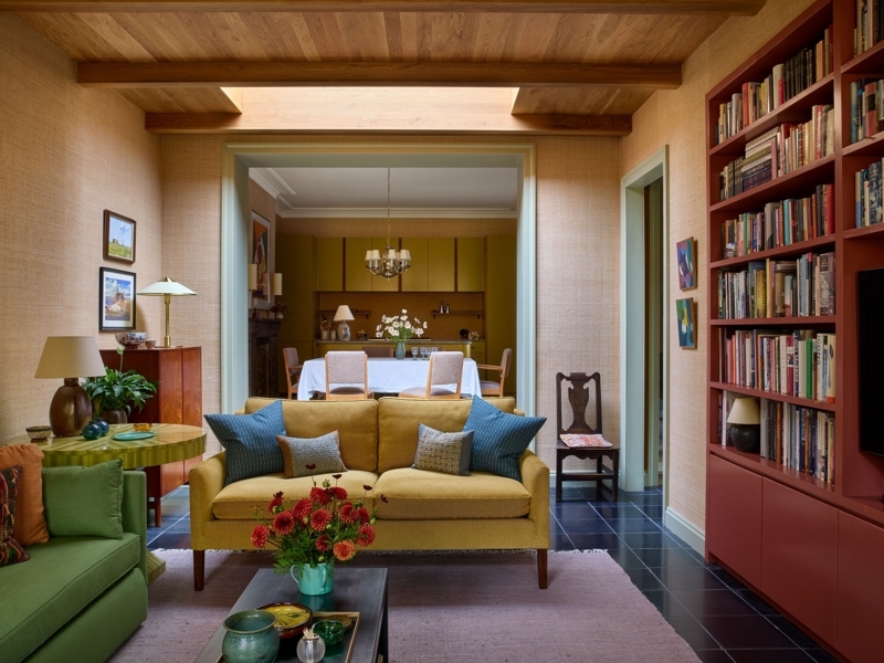 Eclectic Small Living Room Terracotta Red Built-In Bookshelves Skylight