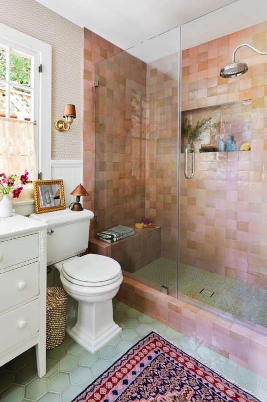 Eclectic Walk-In Shower: Desert Rose Zellige Tiles & Green Hex Floor