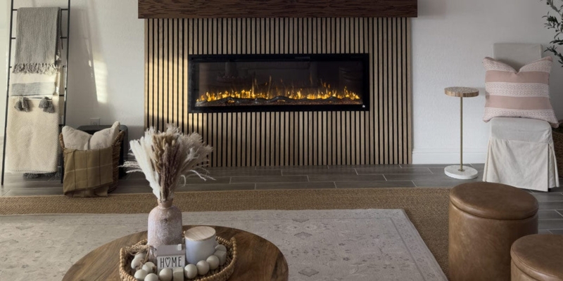 Electric Fireplace with Linear Design and Slat Wall Accent