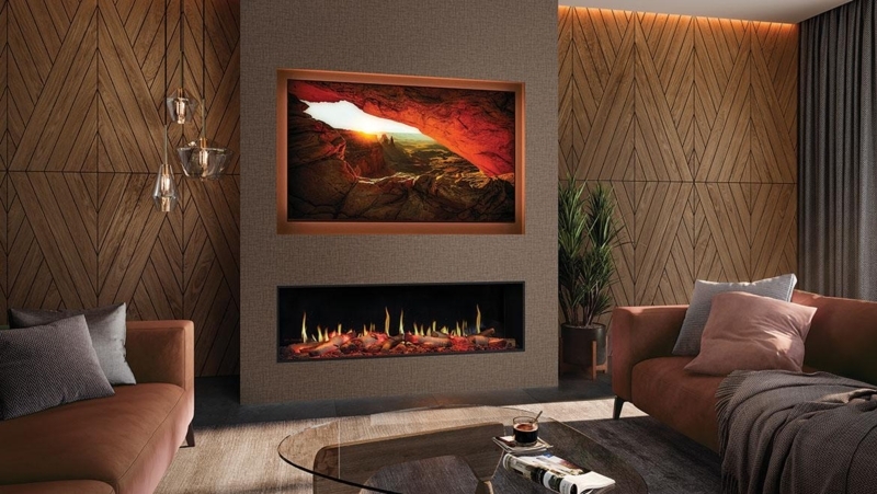 Electric Fireplace with Stylish Linear Design and Geometric Paneling