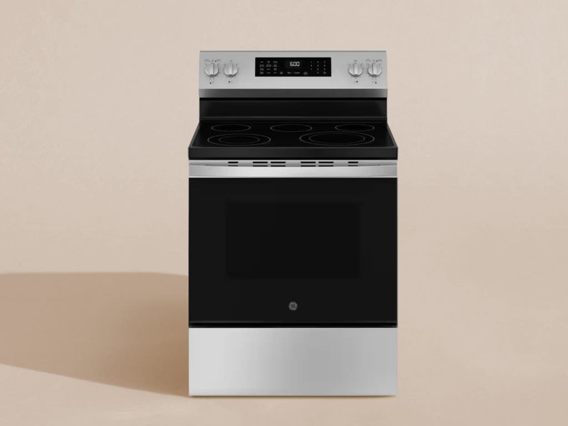 Electric Range Slide-In Front Controls White Kitchen Subway Tile Scene