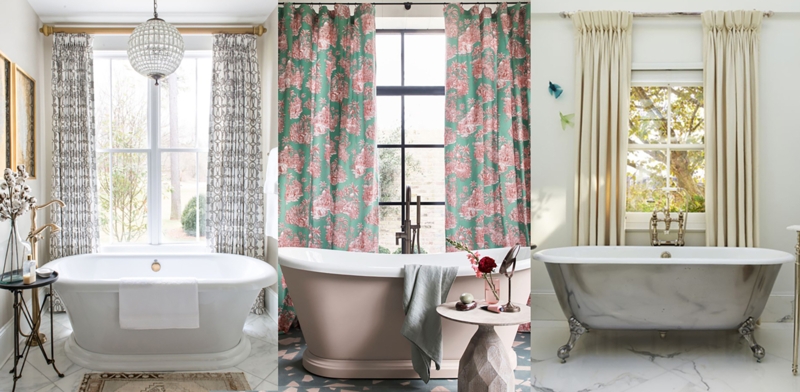 Elegant Bathroom Window Curtains Framing a Freestanding Tub