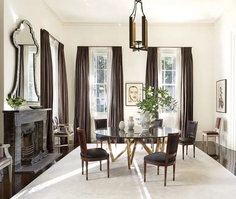 Elegant Chocolate Brown Floor-to-Ceiling Drapes in Stately Dining Room