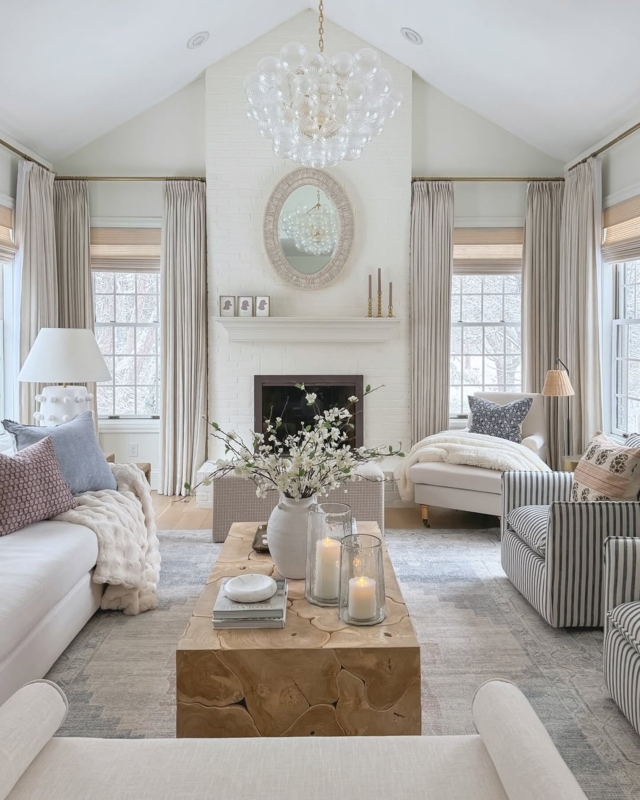 Elegant Floor to Ceiling Curtains in Vaulted Living Room