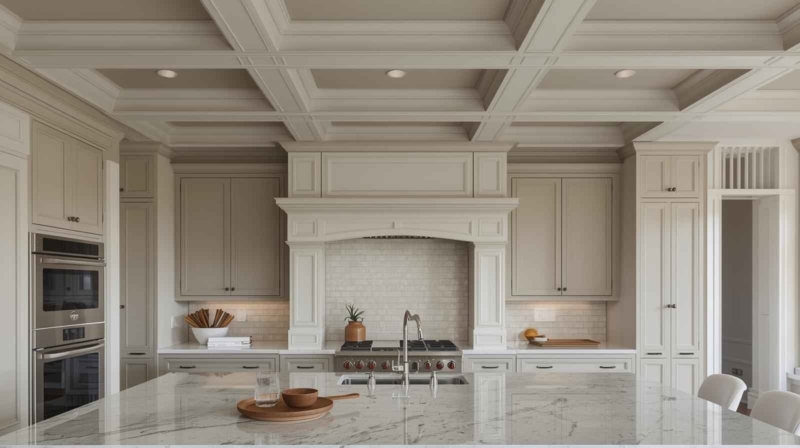 Elegant Kitchen Coffered Ceiling with Marble Island and Taupe Cabinets