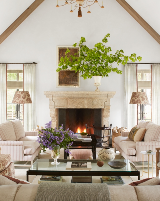 Elegant Traditional Living Room With Vaulted Wood Beams