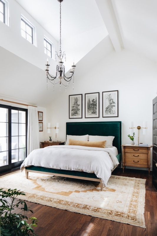 Emerald Green Velvet Bed with Vaulted Ceiling and Botanical Art