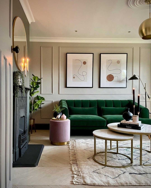 Emerald Green Velvet Sofa Styling: Channeled Back & Blush Pink Ottoman