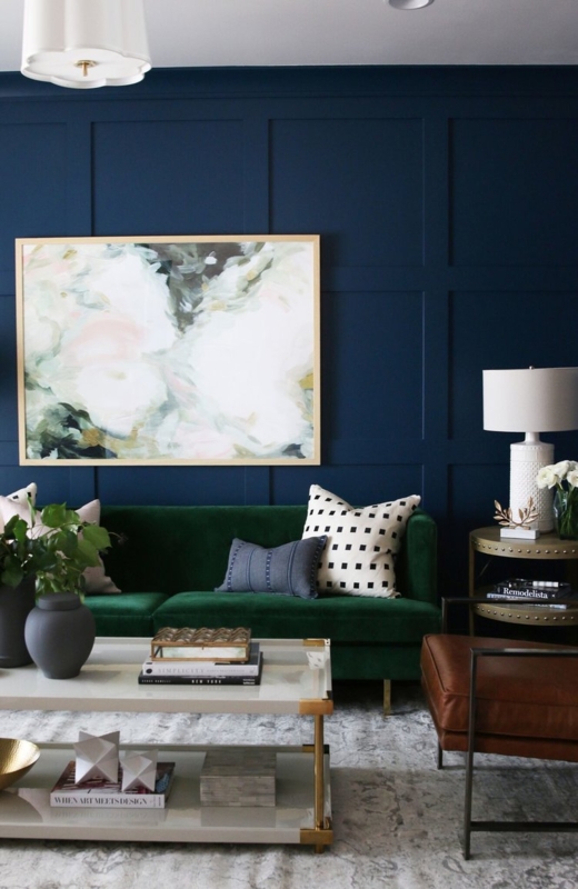Emerald Green Velvet Sofa Styling in Navy Paneled Living Room
