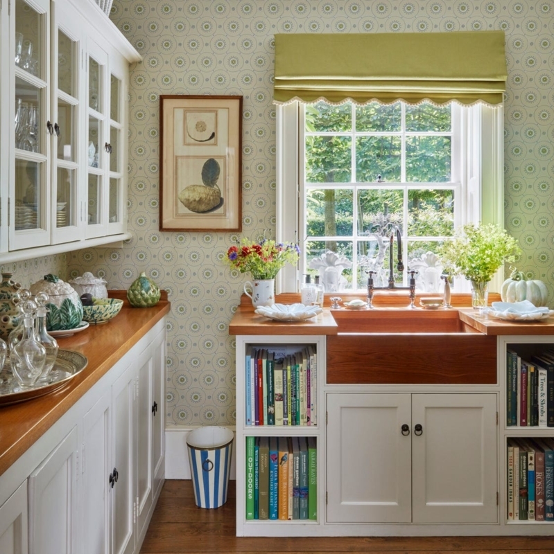 English Cottage Pantry with Medallion Wallpaper & Cookbook Shelves
