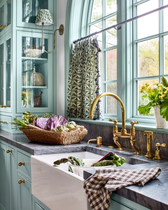 English Country Kitchen Sink Ideas: Pale Aqua Cabinets and Brass Faucet