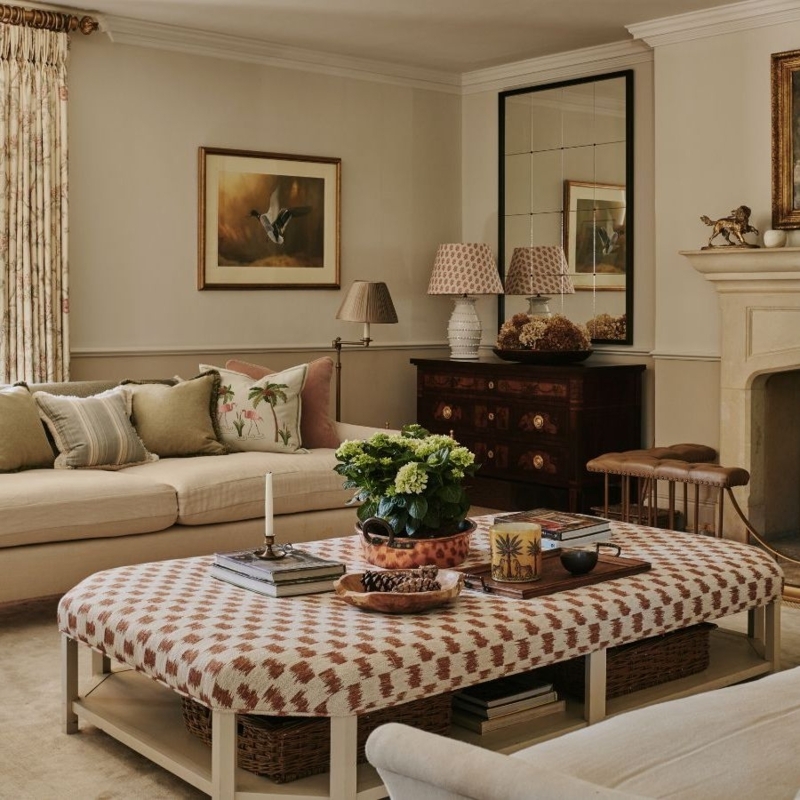 English Country Style Living Room with Oversized Patterned Ottoman