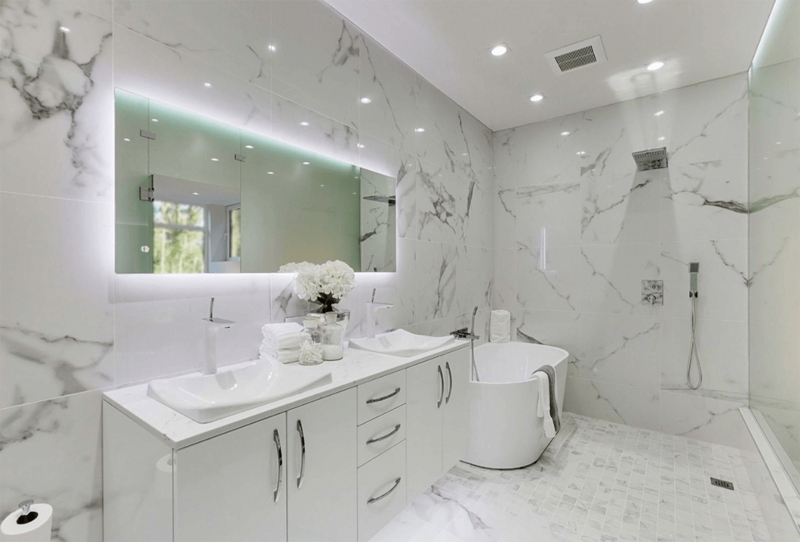 Ensuite Bathroom Backlit Mirror, Seamless Marble. Modern Double Vanity.
