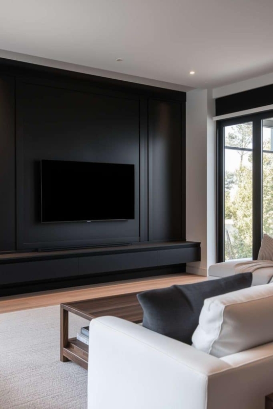 Entertainment Center Matte Black Paneling with Floating Media Console