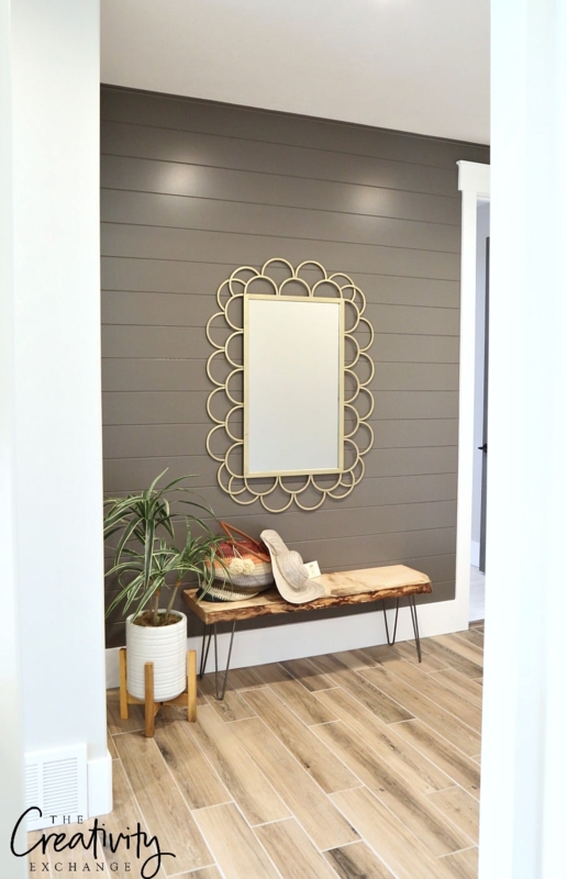 Entryway Bench with Live Edge and Scalloped Mirror