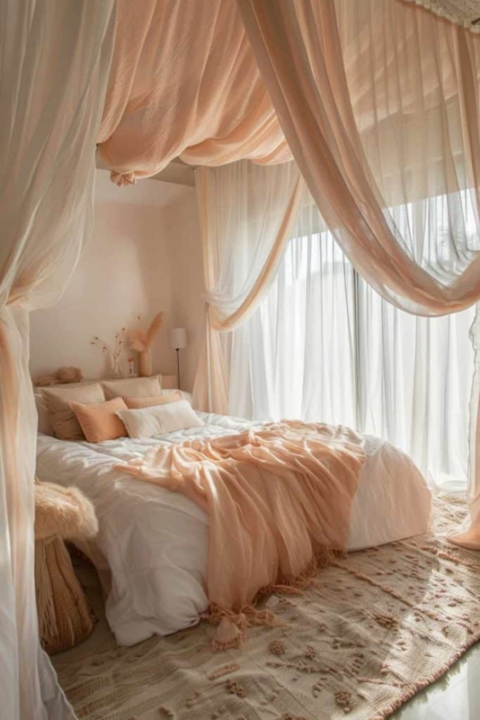 Ethereal Bedroom Design with Peach Canopy Drapery and Textured Rug