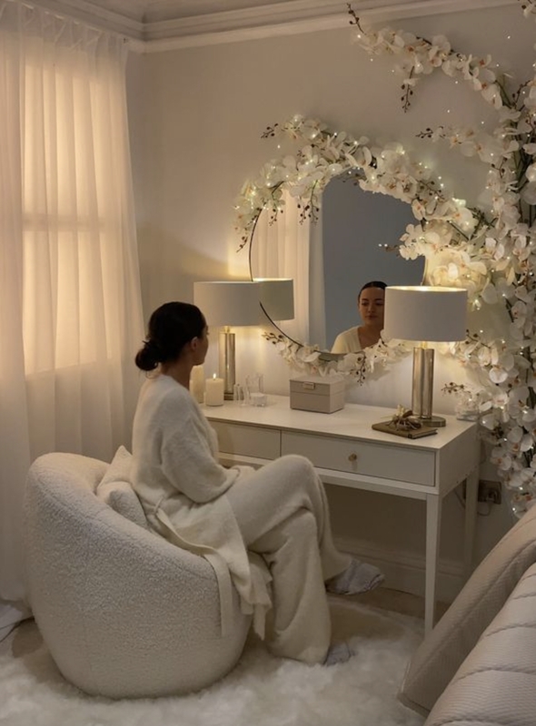Ethereal White Vanity Set with Floral Mirror Frame and Boucle Chair