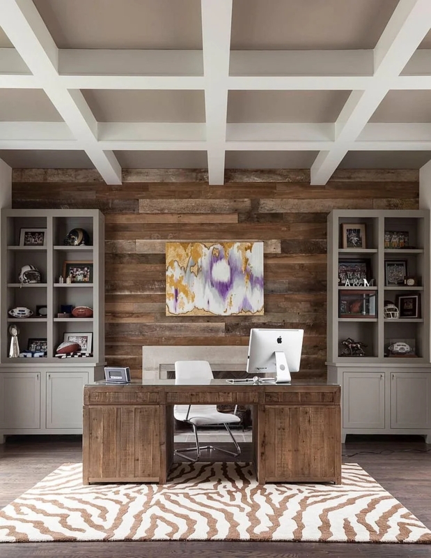 Executive Desk under Coffered Ceiling with Reclaimed Wood Plank Wall
